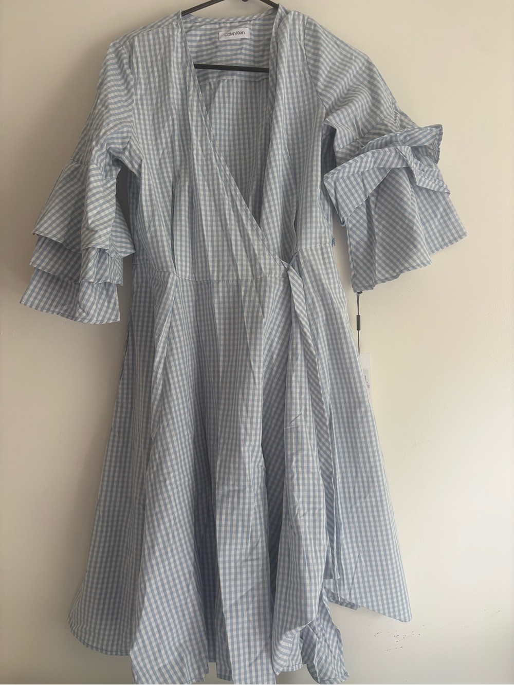 Calvin Klein Light Blue & White Gingham Wrap Dress with Tiered Ruffle Sleeves